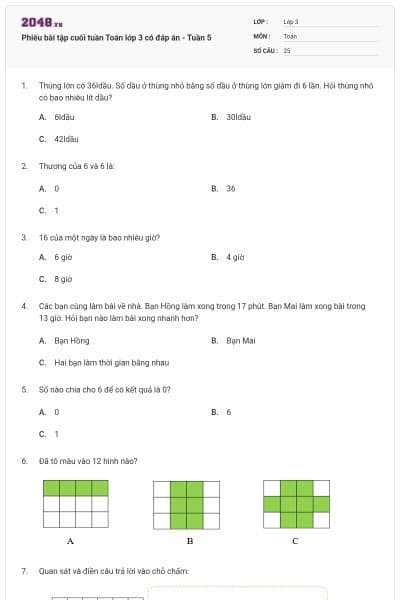 Phiếu bài tập cuối tuần Toán lớp 3 có đáp án - Tuần 5