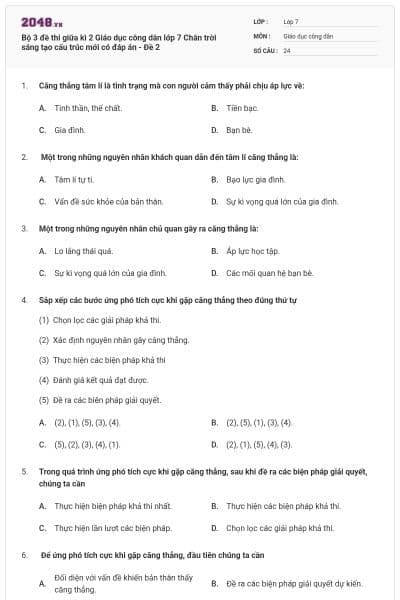 Bộ 3 đề thi giữa kì 2 Giáo dục công dân lớp 7 Chân trời sáng tạo cấu trúc mới có đáp án - Đề 2