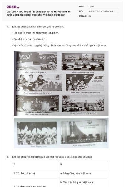 Giải SBT KTPL 10 Bài 11: Công dân với hệ thống chính trị nước Cộng hòa xã hội chủ nghĩa Việt Nam có đáp án