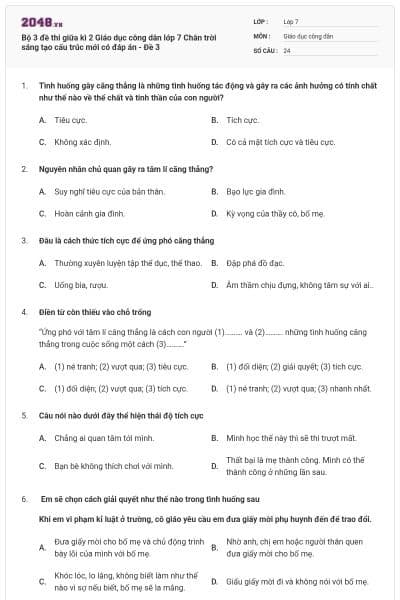 Bộ 3 đề thi giữa kì 2 Giáo dục công dân lớp 7 Chân trời sáng tạo cấu trúc mới có đáp án - Đề 3