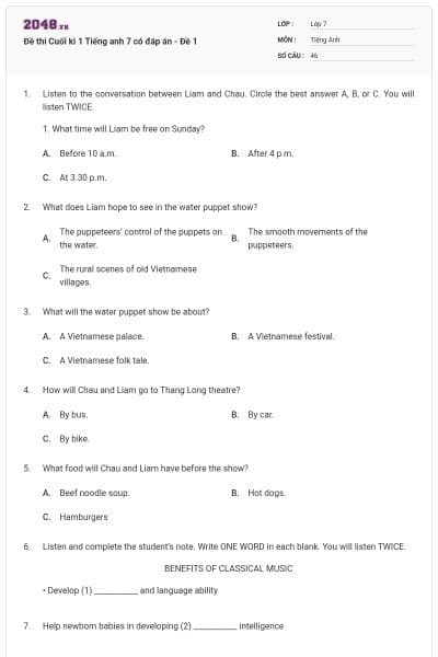 Đề thi Cuối kì 1 Tiếng anh 7 có đáp án - Đề 1