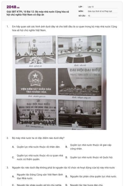 Giải SBT KTPL 10 Bài 12: Bộ máy nhà nước Cộng hòa xã hội chủ nghĩa Việt Nam có đáp án