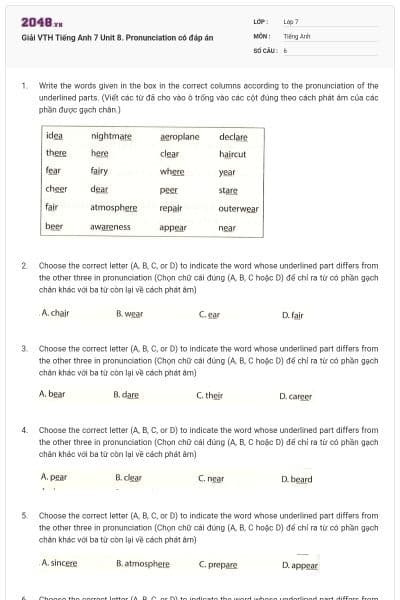 Giải VTH Tiếng Anh 7 Unit 8. Pronunciation có đáp án