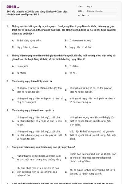 Bộ 3 đề thi giữa kì 2 Giáo dục công dân lớp 6 Cánh diều cấu trúc mới có đáp án - Đề 1