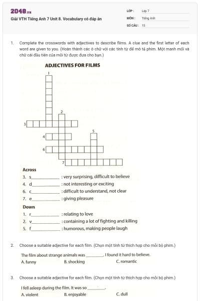 Giải VTH Tiếng Anh 7 Unit 8. Vocabulary có đáp án