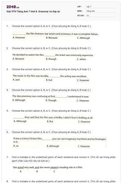 Giải VTH Tiếng Anh 7 Unit 8. Grammar có đáp án