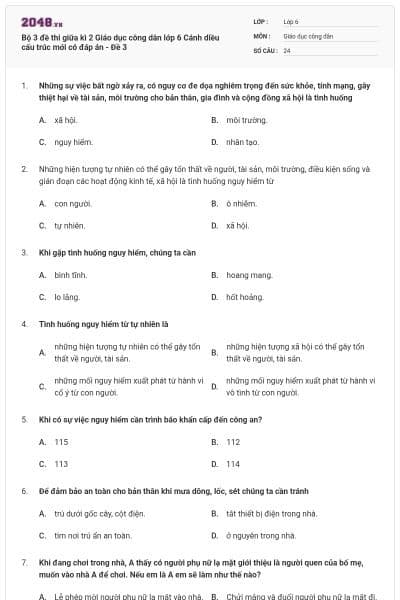 Bộ 3 đề thi giữa kì 2 Giáo dục công dân lớp 6 Cánh diều cấu trúc mới có đáp án - Đề 3