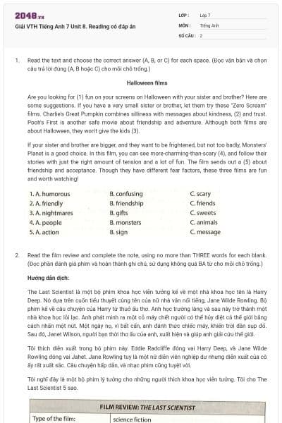 Giải VTH Tiếng Anh 7 Unit 8. Reading có đáp án