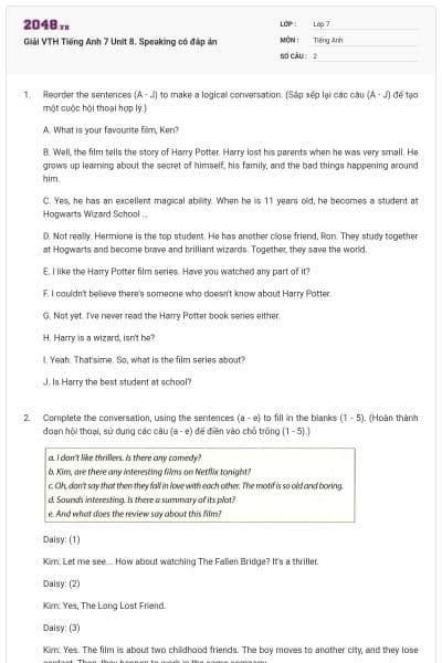 Giải VTH Tiếng Anh 7 Unit 8. Speaking có đáp án