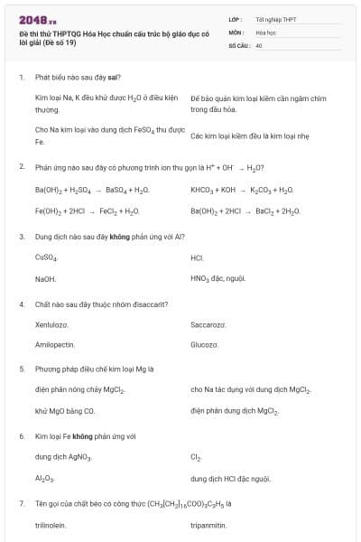 Đề thi thử THPTQG Hóa Học chuẩn cấu trúc bộ giáo dục có lời giải (Đề số 19)