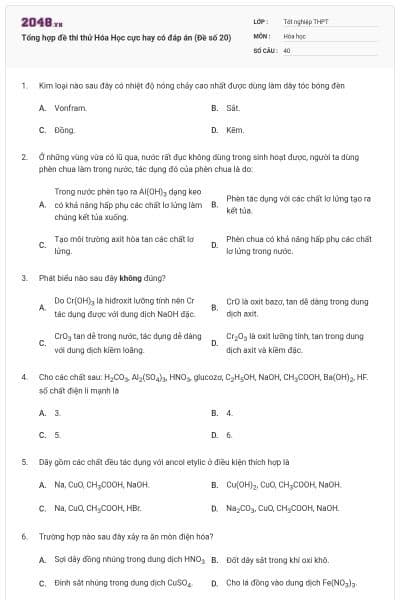 Tổng hợp đề thi thử Hóa Học cực hay có đáp án (Đề số 20)