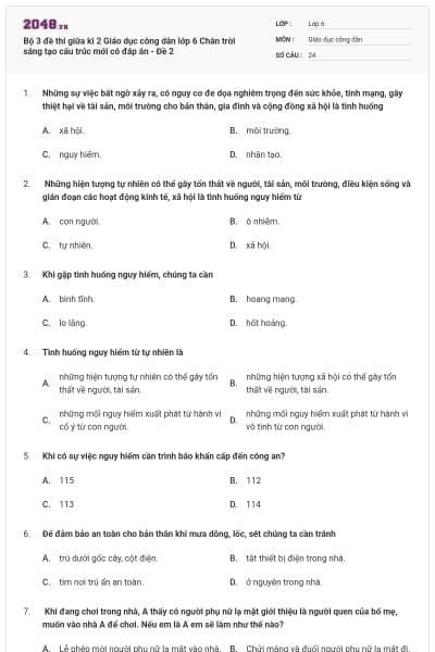 Bộ 3 đề thi giữa kì 2 Giáo dục công dân lớp 6 Chân trời sáng tạo cấu trúc mới có đáp án - Đề 2