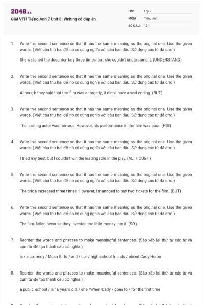 Giải VTH Tiếng Anh 7 Unit 8. Writing có đáp án