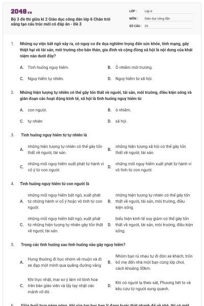 Bộ 3 đề thi giữa kì 2 Giáo dục công dân lớp 6 Chân trời sáng tạo cấu trúc mới có đáp án - Đề 3