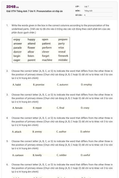 Giải VTH Tiếng Anh 7 Uni 9. Pronunciation có đáp án