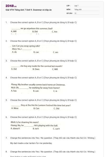 Giải VTH Tiếng Anh 7 Unit 9. Grammar có đáp án