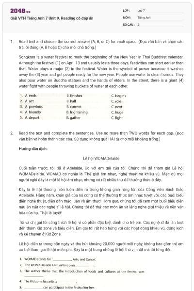 Giải VTH Tiếng Anh 7 Unit 9. Reading có đáp án