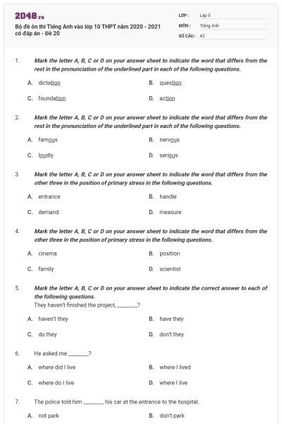 Bộ đề ôn thi Tiếng Anh vào lớp 10 THPT năm 2020 - 2021 có đáp án - Đề 20