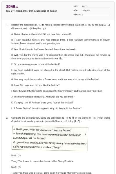 Giải VTH Tiếng Anh 7 Unit 9. Speaking có đáp án