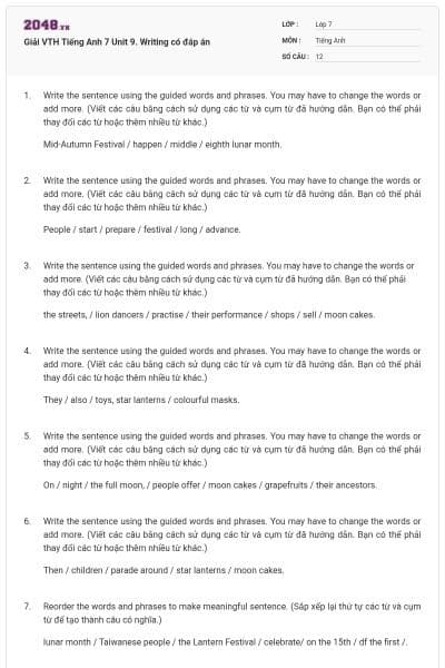 Giải VTH Tiếng Anh 7 Unit 9. Writing có đáp án