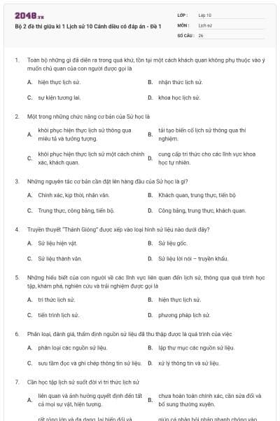 Bộ 2 đề thi giữa kì 1 Lịch sử 10 Cánh diều có đáp án - Đề 1