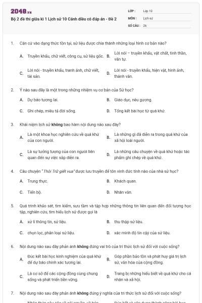 Bộ 2 đề thi giữa kì 1 Lịch sử 10 Cánh diều có đáp án - Đề 2