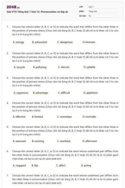 Giải VTH Tiếng Anh 7 Unit 10. Pronunciation có đáp án