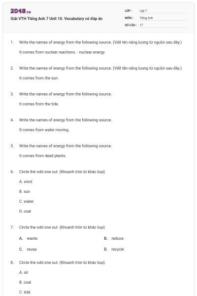 Giải VTH Tiếng Anh 7 Unit 10. Vocabulary có đáp án