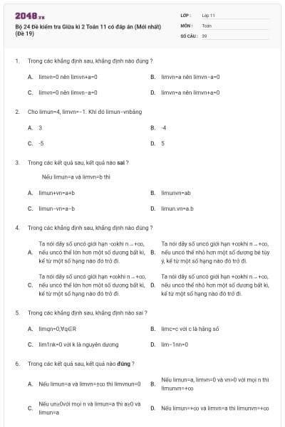 Bộ 24 Đề kiểm tra Giữa kì 2 Toán 11 có đáp án (Mới nhất) (Đề 19)