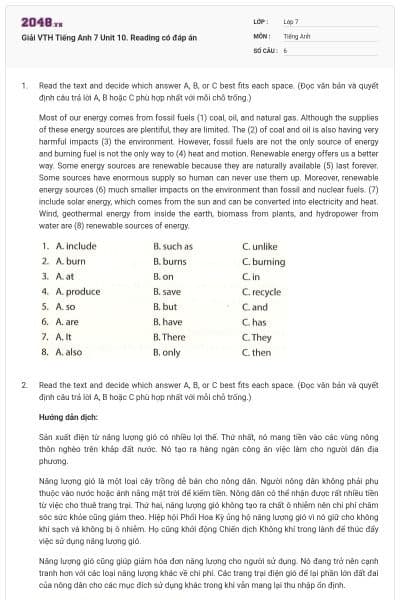 Giải VTH Tiếng Anh 7 Unit 10. Reading có đáp án