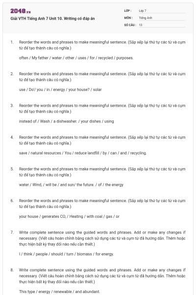 Giải VTH Tiếng Anh 7 Unit 10. Writing có đáp án