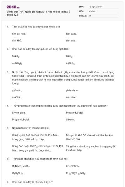 Đề thi thử THPT Quốc gia năm 2019 Hóa học có lời giải ( đề số 12 )