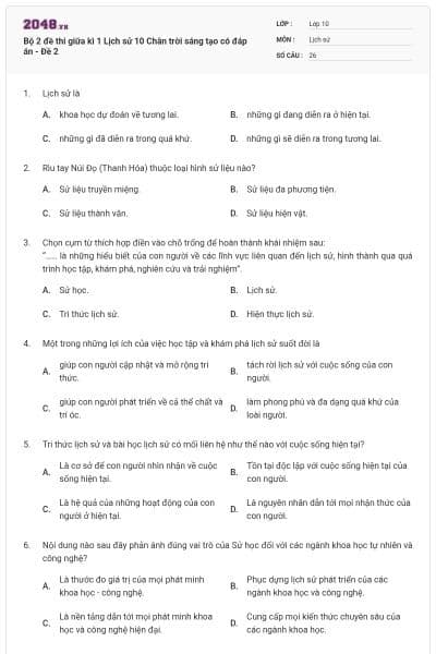 Bộ 2 đề thi giữa kì 1 Lịch sử 10 Chân trời sáng tạo có đáp án - Đề 2
