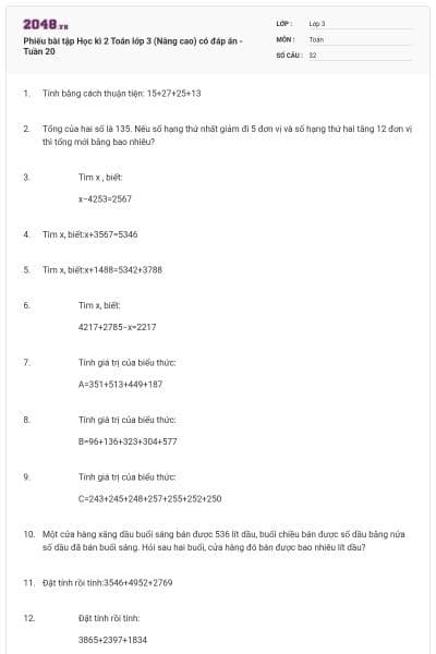 Phiếu bài tập Học kì 2 Toán lớp 3 (Nâng cao) có đáp án -Tuần 20