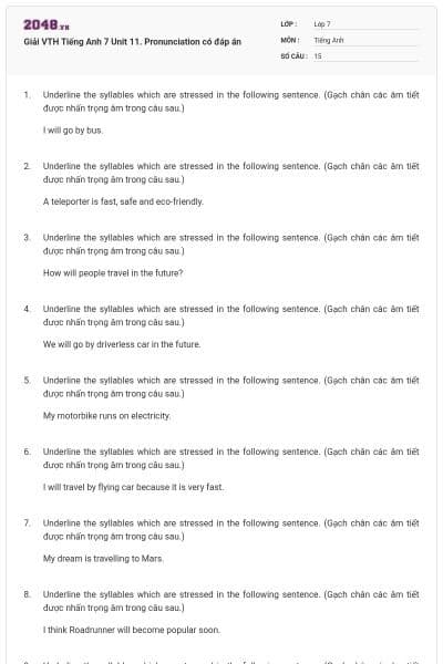 Giải VTH Tiếng Anh 7 Unit 11. Pronunciation có đáp án