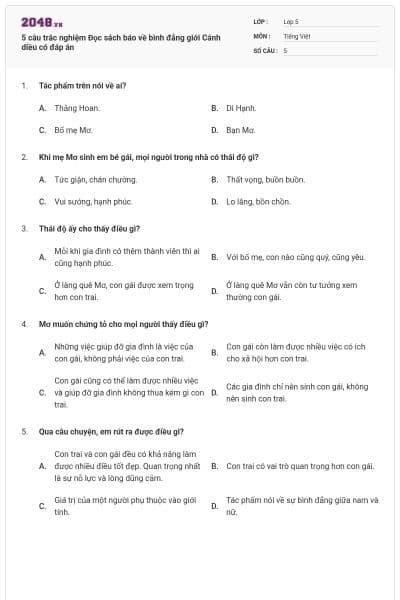 5 câu trắc nghiệm Đọc sách báo về bình đẳng giới Cánh diều có đáp án