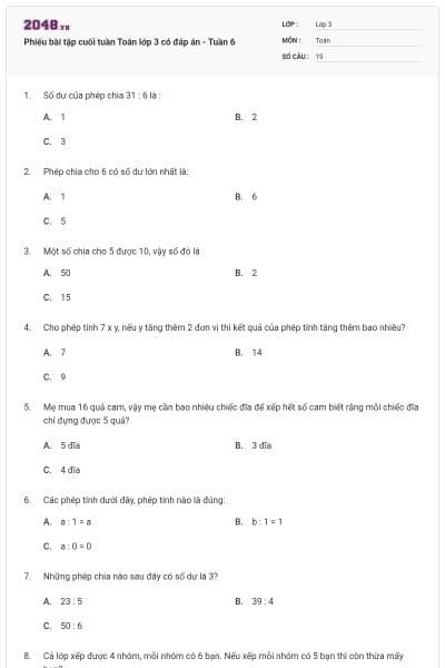 Phiếu bài tập cuối tuần Toán lớp 3 có đáp án - Tuần 6