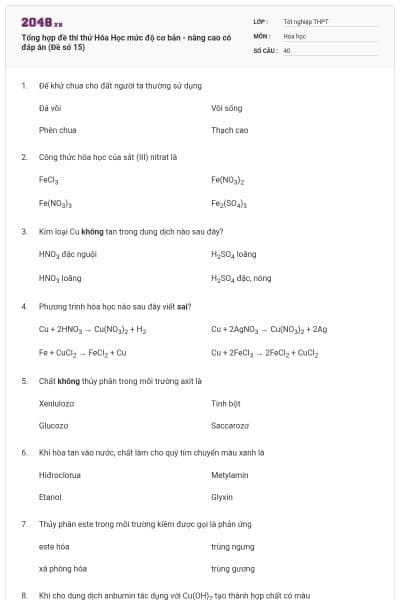 Tổng hợp đề thi thử Hóa Học mức độ cơ bản - nâng cao có đáp án (Đề số 15)