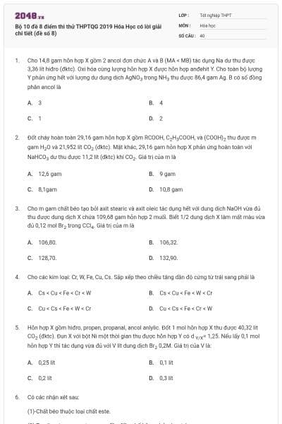 Bộ 10 đề 8 điểm thi thử THPTQG 2019 Hóa Học có lời giải chi tiết (đề số 8)
