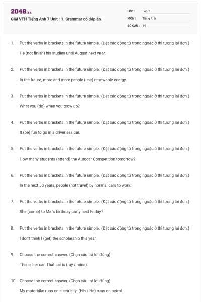 Giải VTH Tiếng Anh 7 Unit 11. Grammar có đáp án