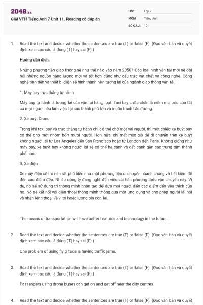 Giải VTH Tiếng Anh 7 Unit 11. Reading có đáp án