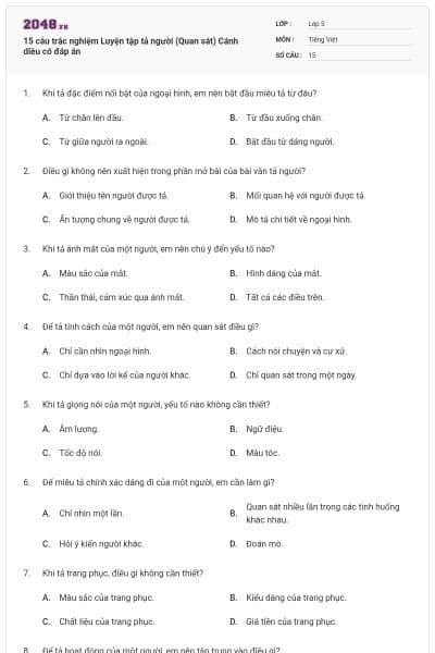 15 câu trắc nghiệm Luyện tập tả người (Quan sát) Cánh diều có đáp án