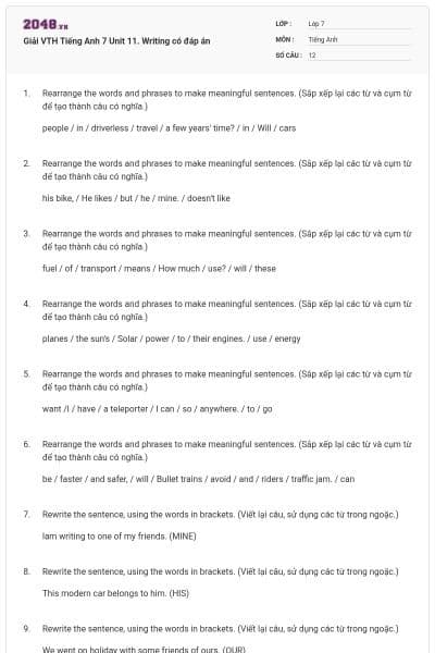 Giải VTH Tiếng Anh 7 Unit 11. Writing có đáp án