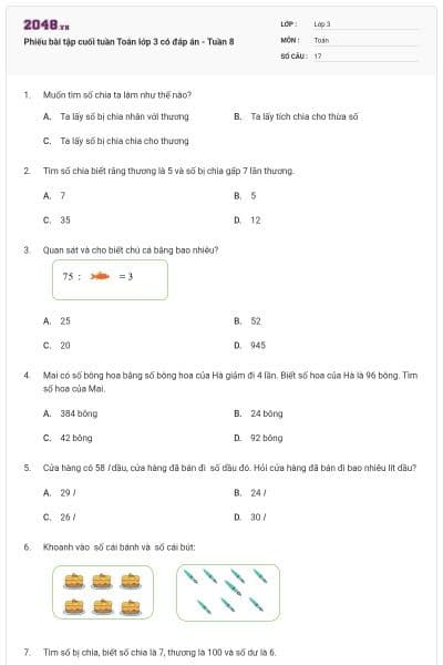 Phiếu bài tập cuối tuần Toán lớp 3 có đáp án - Tuần 8