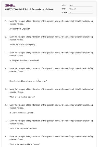 Giải VTH Tiếng Anh 7 Unit 12. Pronunciation có đáp án