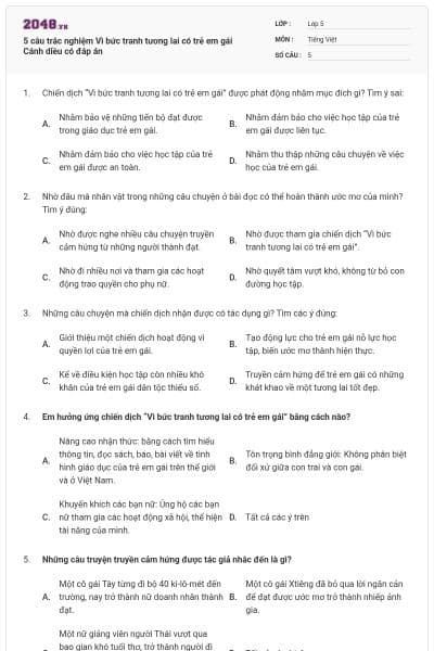 5 câu trắc nghiệm Vì bức tranh tương lai có trẻ em gái Cánh diều có đáp án