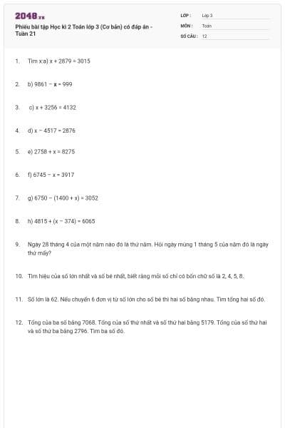 Phiếu bài tập Học kì 2 Toán lớp 3 (Cơ bản) có đáp án - Tuần 21