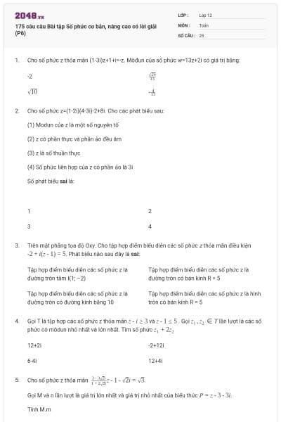 175 câu câu  Bài tập Số phức cơ bản, nâng cao có lời giải (P6)