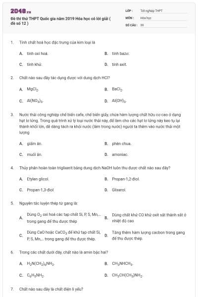 Đề thi thử THPT Quốc gia năm 2019 Hóa học có lời giải ( đề số 12 )