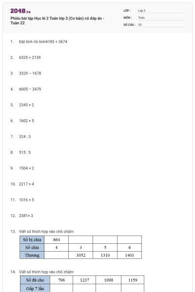 Phiếu bài tập Học kì 2 Toán lớp 3 (Cơ bản) có đáp án - Tuần 22